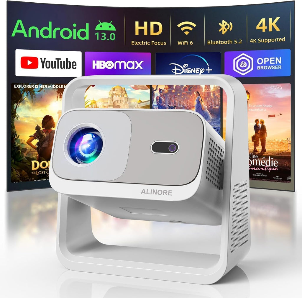 Smart Projector with Wifi and Bluetooth, Built-In Apps, Electric Focus & Auto Keystone Portable Outdoor Projecor, Native 1080P Projector 4K Support, Movie Projector for Home Theater, White