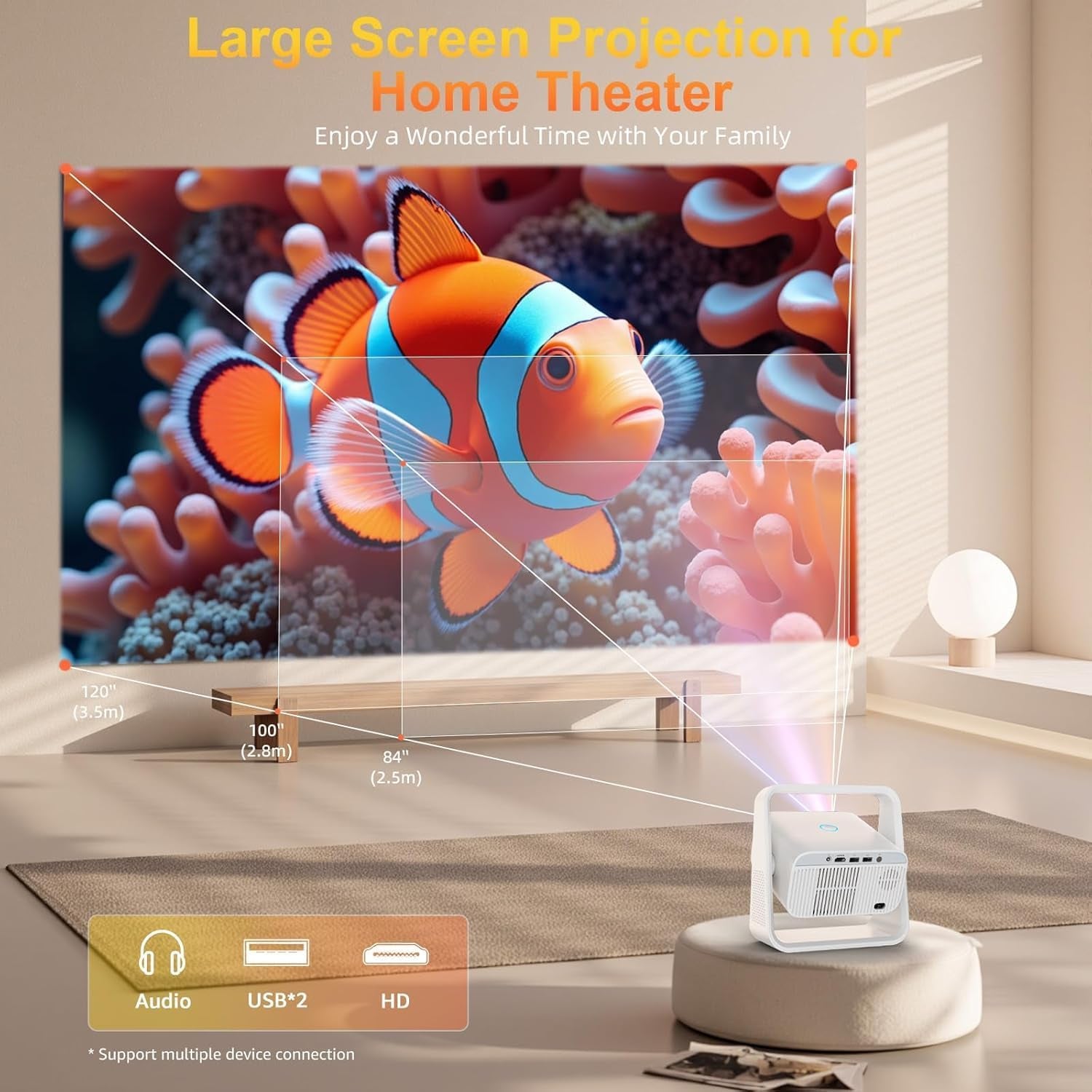 Smart Projector with Wifi and Bluetooth, Built-In Apps, Electric Focus & Auto Keystone Portable Outdoor Projecor, Native 1080P Projector 4K Support, Movie Projector for Home Theater, White