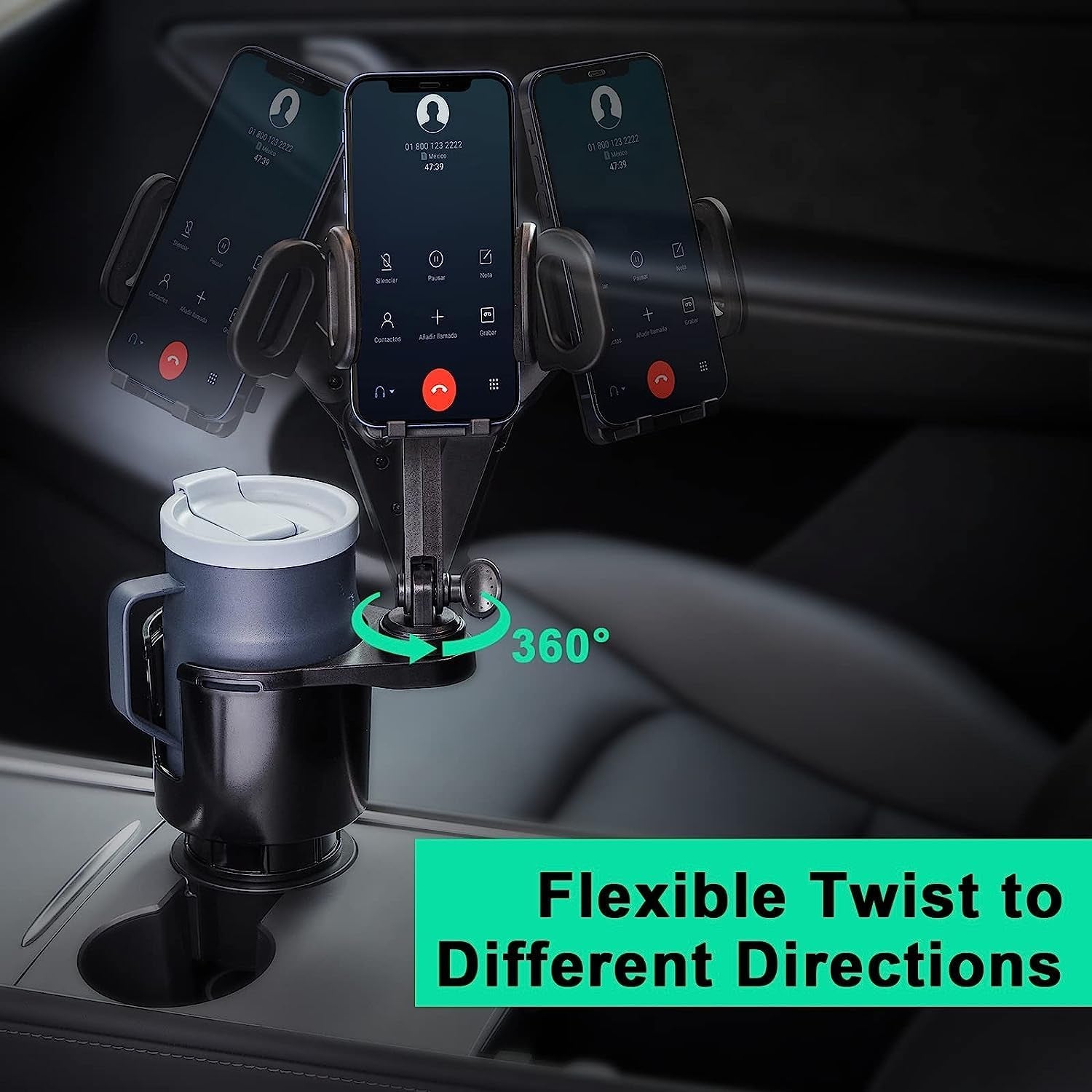 Car Cup Holder Expander Adjustable Base with Phone Mount 360° Rotation Cup Holder Cell Phone Holder for Car Compatible with Iphone All Smartphones