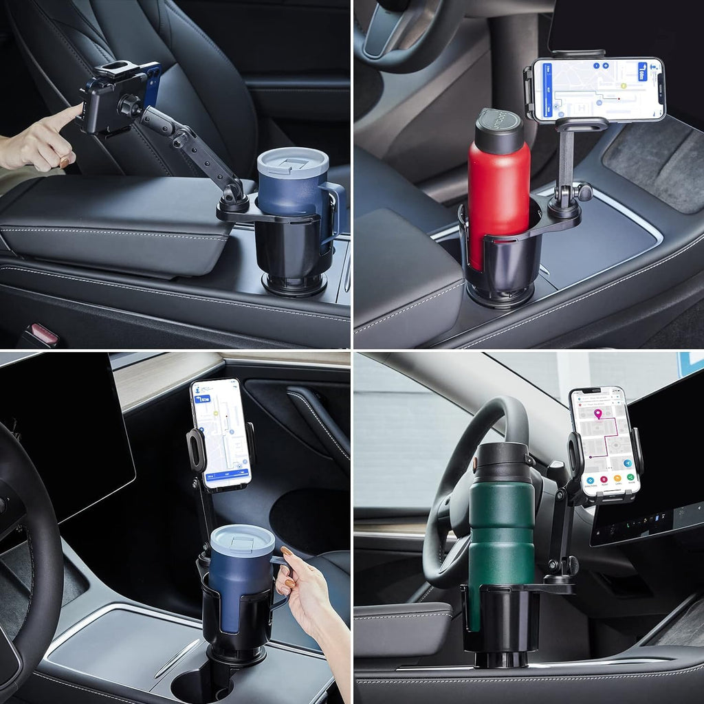 Car Cup Holder Expander Adjustable Base with Phone Mount 360° Rotation Cup Holder Cell Phone Holder for Car Compatible with Iphone All Smartphones