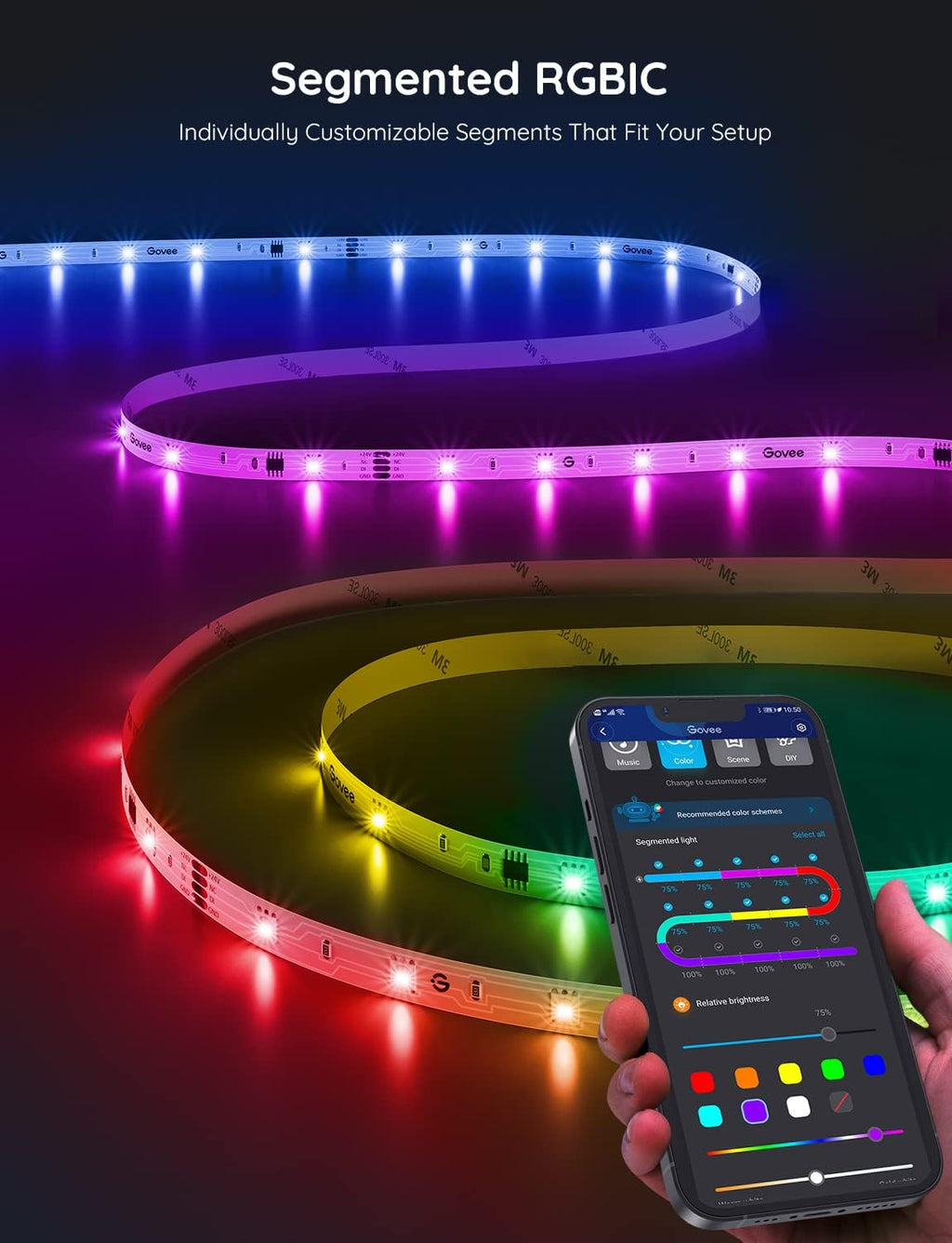 100Ft RGBIC LED Strip Lights, Smart LED Lights for Bedroom, Bluetooth LED Strip Lights APP Control, DIY Multiple Colors on One Line, Color Changing LED Lights for Bedroom Decor, 2 Rolls of 50Ft