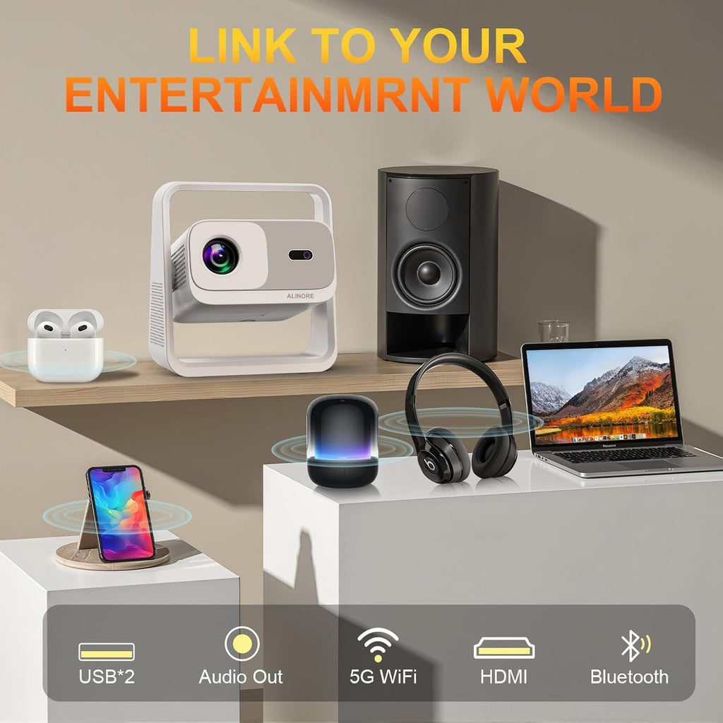 Smart Projector with Wifi and Bluetooth, Built-In Apps, Electric Focus & Auto Keystone Portable Outdoor Projecor, Native 1080P Projector 4K Support, Movie Projector for Home Theater, White