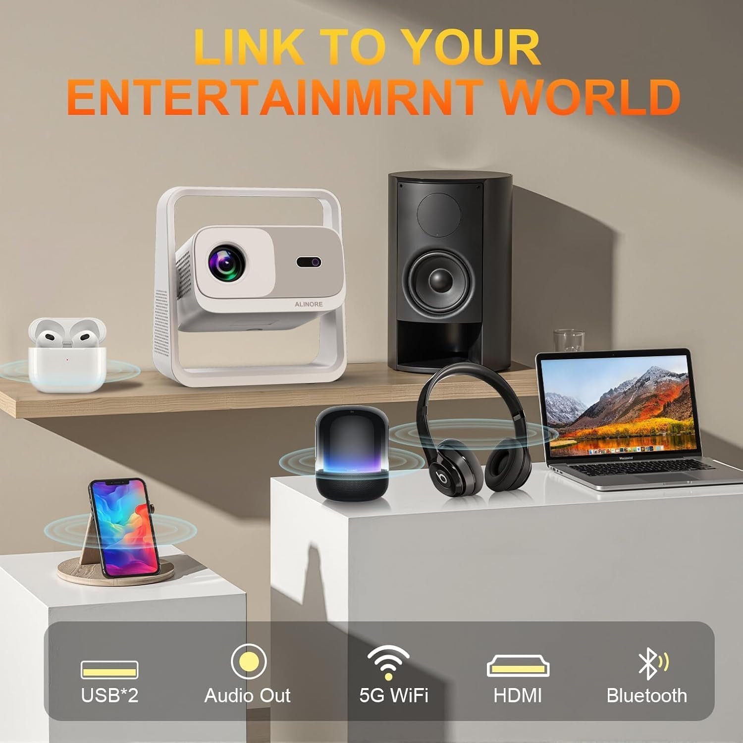 Smart Projector with Wifi and Bluetooth, Built-In Apps, Electric Focus & Auto Keystone Portable Outdoor Projecor, Native 1080P Projector 4K Support, Movie Projector for Home Theater, White