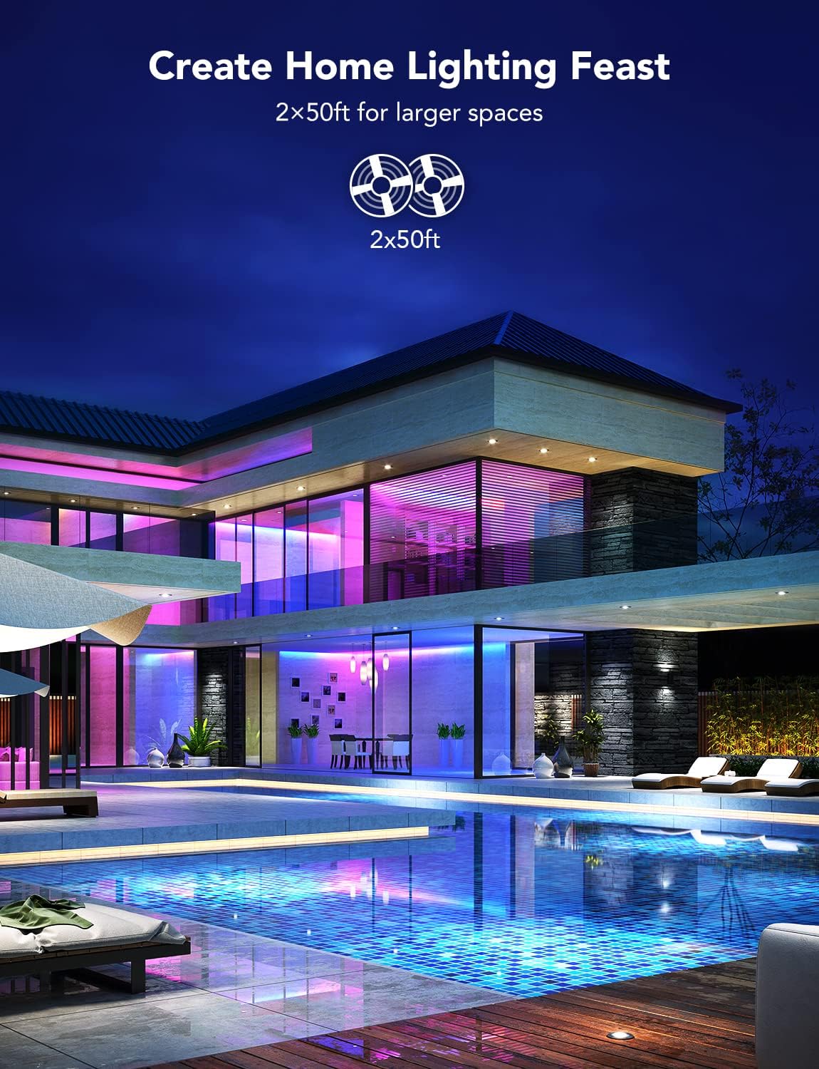 100Ft RGBIC LED Strip Lights, Smart LED Lights for Bedroom, Bluetooth LED Strip Lights APP Control, DIY Multiple Colors on One Line, Color Changing LED Lights for Bedroom Decor, 2 Rolls of 50Ft