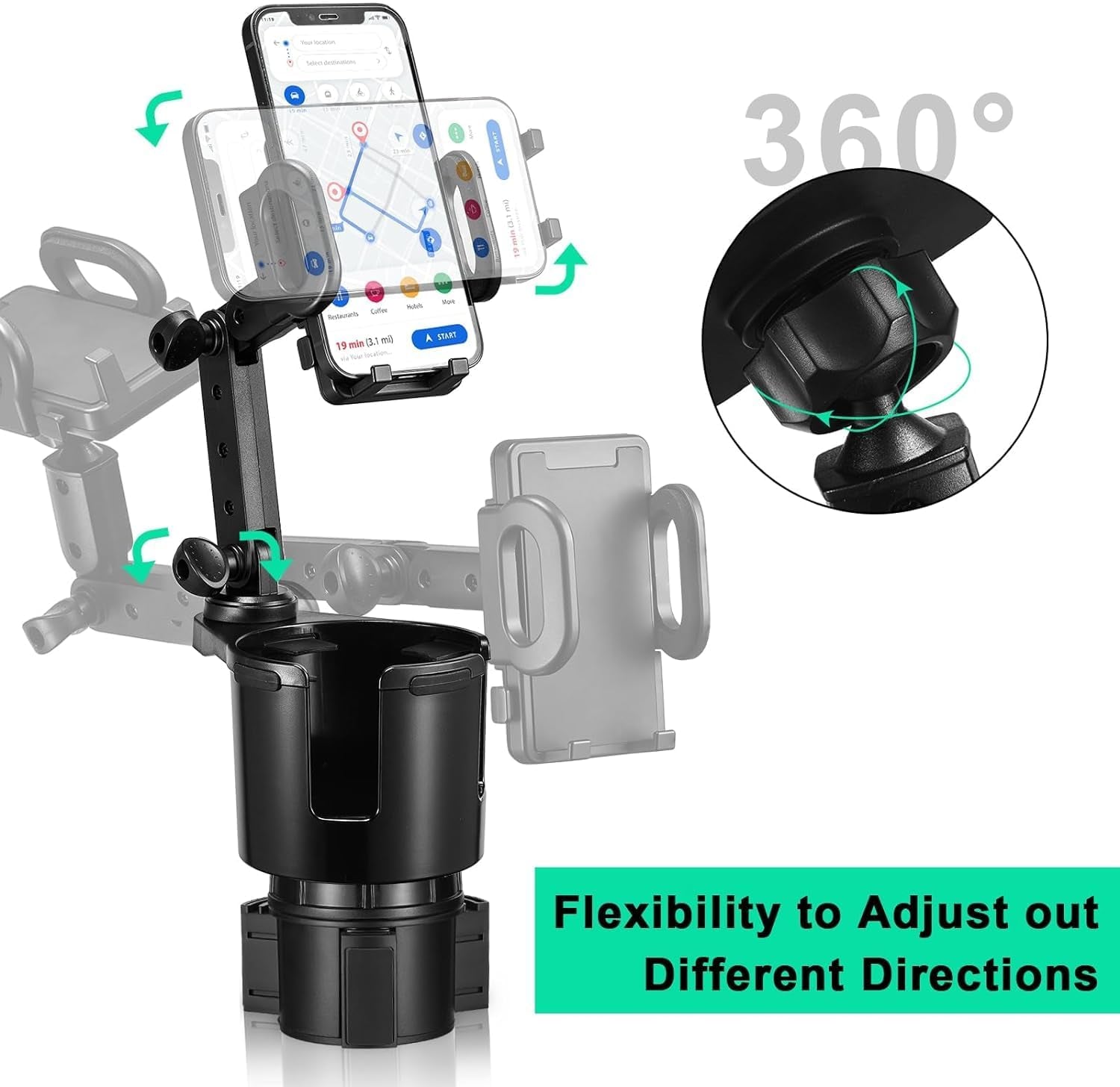 Car Cup Holder Expander Adjustable Base with Phone Mount 360° Rotation Cup Holder Cell Phone Holder for Car Compatible with Iphone All Smartphones