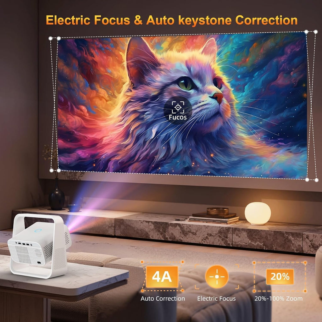 Smart Projector with Wifi and Bluetooth, Built-In Apps, Electric Focus & Auto Keystone Portable Outdoor Projecor, Native 1080P Projector 4K Support, Movie Projector for Home Theater, White