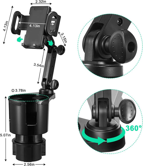 Car Cup Holder Expander Adjustable Base with Phone Mount 360° Rotation Cup Holder Cell Phone Holder for Car Compatible with Iphone All Smartphones